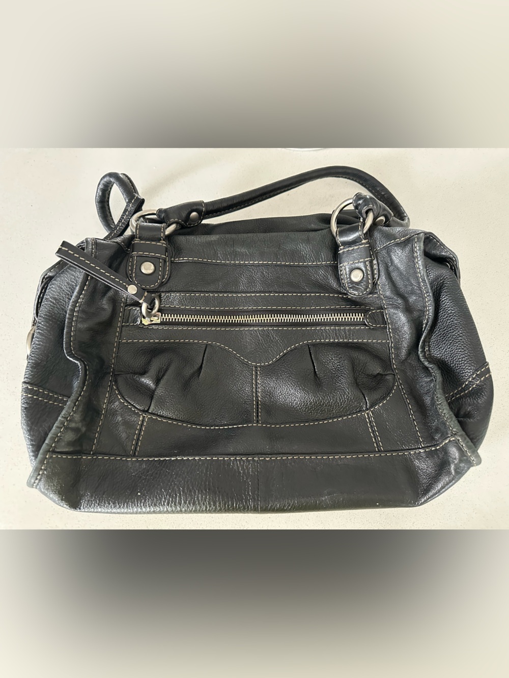 Fossil Black Leather Satchel with Silver Hardware